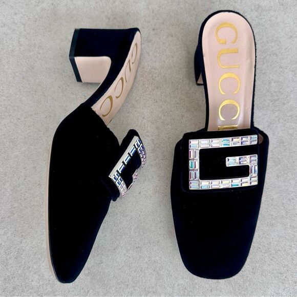 Gucci Madelyn Velvet Crystal Square G Mules Black Block Mid Heel EU 37.5 US 7.5 - Picture 4 of 11